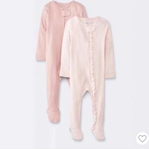 Cloud Island Girls Pink Ribbed‎ Ruffle Footie Sleepers 2 Piece Set 6-9 Months